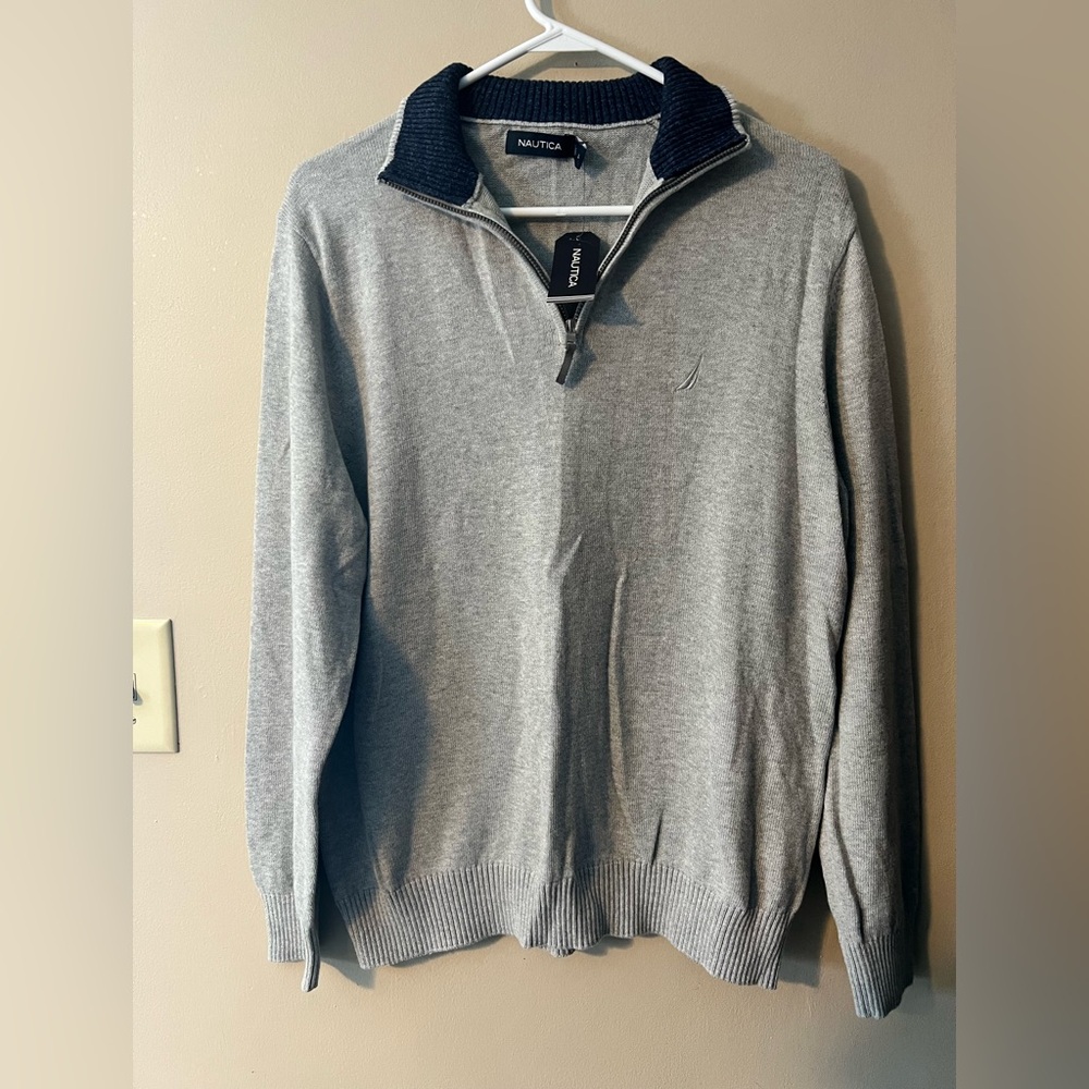 Nautica sz L NWT 💯 cotton mens gray quarter zip pullover with navy blue collar. - Picture 2 of 8